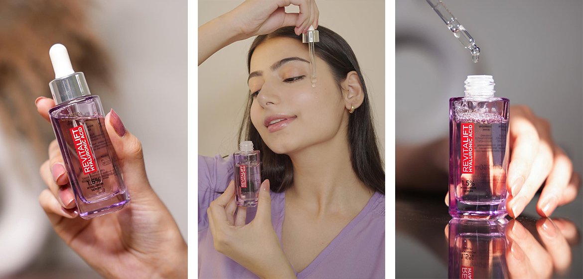Fotocollage aus drei Fotos auf allen ist ein Serum von Revitalift abgelichtet